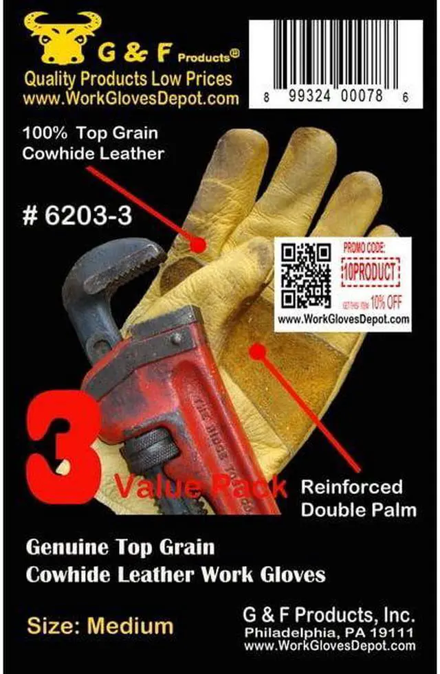 Alt view image 6 of 7 - G & F Cowhide Leather Gloves 6203, Reinforced Patch Palm, Garden Work, Unisex Size m, 3 Pairs X-Large