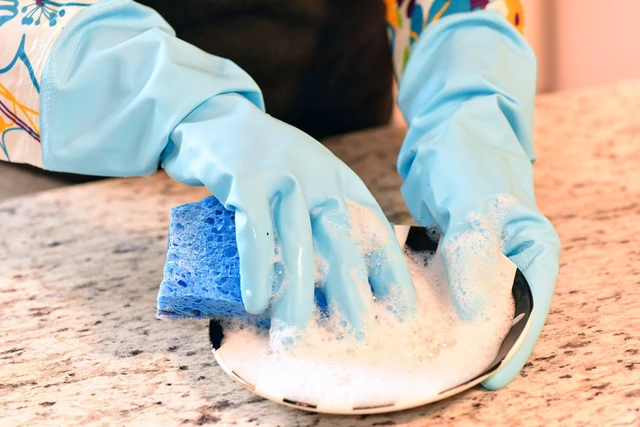 Alt view image 7 of 7 - G & F Products Household Cleaning Gloves, Latex Free Vinyl, Soft Lining, 15" Long Cuff, Non-Slip Grip, Reusable Kitchen Dishwashing Gloves, Medium, Multi-Color, 2 Pairs