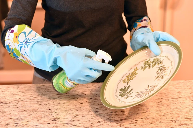 Alt view image 6 of 7 - G & F Products Household Cleaning Gloves, Latex Free Vinyl, Soft Lining, 15" Long Cuff, Non-Slip Grip, Reusable Kitchen Dishwashing Gloves, Medium, Multi-Color, 2 Pairs