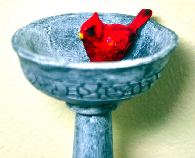 Alt view image 6 of 6 - G & F Products 10027 MiniGardenn Fairy Garden Miniature Cardinal Birdbath Pick, Polyresin, 2.25" with 2" Metal Stake