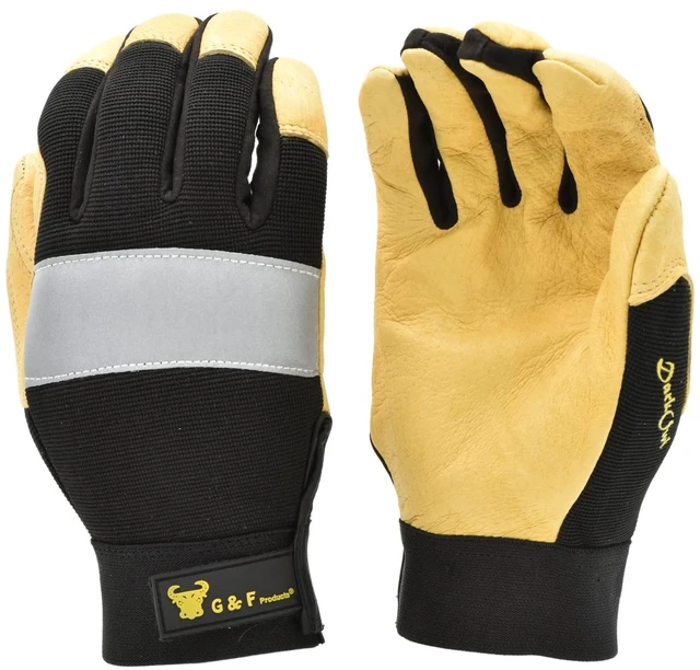 Alt view image 7 of 7 - G & F Products 1091M Dark Owl High Visibility Reflective Mechanics Work Gloves, Genuine Leather Palm, Breathable Spandex Back, Velcro Closure, Driving Gloves, Men's Medium