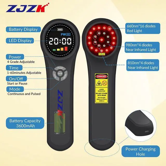Alt view image 4 of 7 - ZJZK lllt Cold Laser Therapy Laser For Muscle Pain 660nm 810nm 980nm For Acute And Chronic Pain And Arthritis Home Portable Black