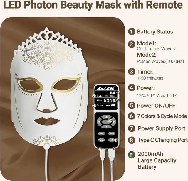 Alt view image 6 of 7 - ZJZK Best At Home Red Light Therapy 7 Color Led Light Therapy Face Mask Beauty Facial Mask For Skin Rejuvenation Skin Repair