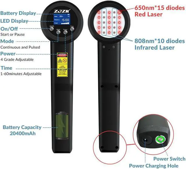 Alt view image 4 of 7 - ZJZK Handheld 5W 10x808nm 15x650nm Cold Laser Therapy Device Muscle Relax Back Neck Pain Relief Treatment Physiotherapy Instrument