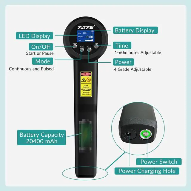 Alt view image 6 of 7 - ZJZK Handheld 5W 10x808nm 15x650nm Cold Laser Therapy Device Muscle Relax Back Neck Pain Relief Treatment Physiotherapy Instrument