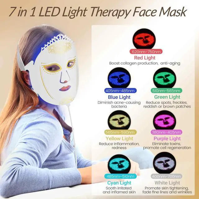 Alt view image 3 of 7 - ZJZK Led Lighted Face Mask 7 Color Light Therapy 1000Hz For Repair Damaged Skin Improve Skin Elasticity Lighten Dark Circles