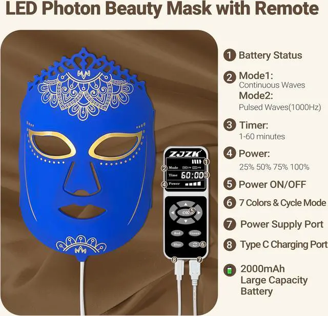 Alt view image 3 of 7 - ZJZK Red Light Therapy For Face, Led Red Light Therapy Mask 360Pcs Chips For Collagen Production Anti-Aging Firm Skin 1000Hz Blue