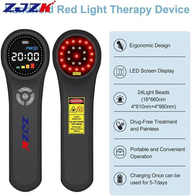 Alt view image 7 of 7 - ZJZK Cold Laser Therapy For Arthritis 16X660Nm 4X810Nm 4X980Nm Hand Held Cold Laser For People Or Animals Easy To Carry Black