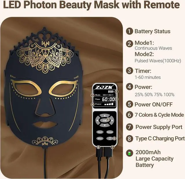 Alt view image 7 of 7 - ZJZK Led Red Light Therapy Face & Neck Mask, 7 Colors Led Light Therapy Facial Mask