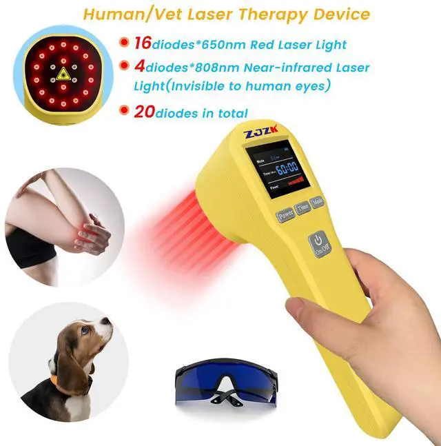 Main image of ZJZK LLLT Cold Laser Therapy Device 4*808nm & 16*650nm Human/Vet Handheld Infrared Red Light Therapy, human,Pet Dogs Treatment Device for Muscle Pain Relief & Improve Healing Yellow