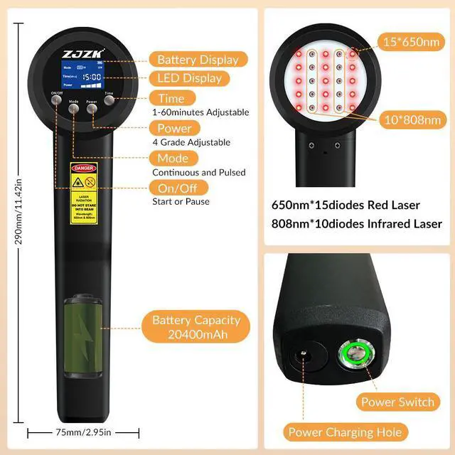 Alt view image 4 of 6 - ZJZK 3W red light therapy Laser Therapy for Dogs use to manage pain inflammation and wound healing Photobiomodulation (PBM) 650nm*15+808nm*10 3W/3000mW