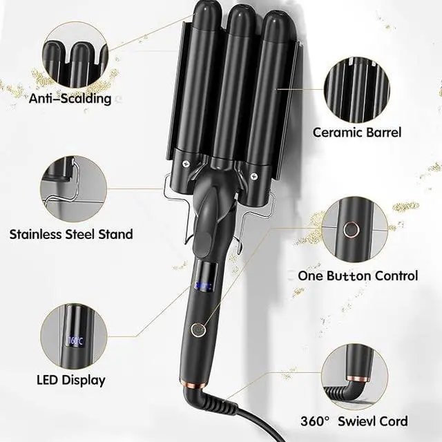 Alt view image 2 of 3 - Hair Crimper 1 Inch, 3 Barrel Beach Wave Curling Iron, Foldable 25mm 3 Barrel Hair Waver, Adjustable 4 Temperature Settings Heat Up Quickly Hair Curler Curling Wand with LCD Temperature Display