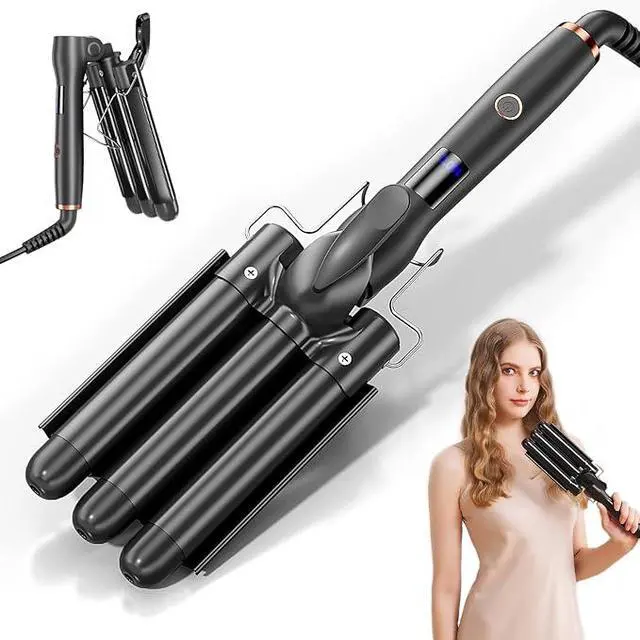 Alt view image 3 of 3 - Hair Crimper 1 Inch, 3 Barrel Beach Wave Curling Iron, Foldable 25mm 3 Barrel Hair Waver, Adjustable 4 Temperature Settings Heat Up Quickly Hair Curler Curling Wand with LCD Temperature Display