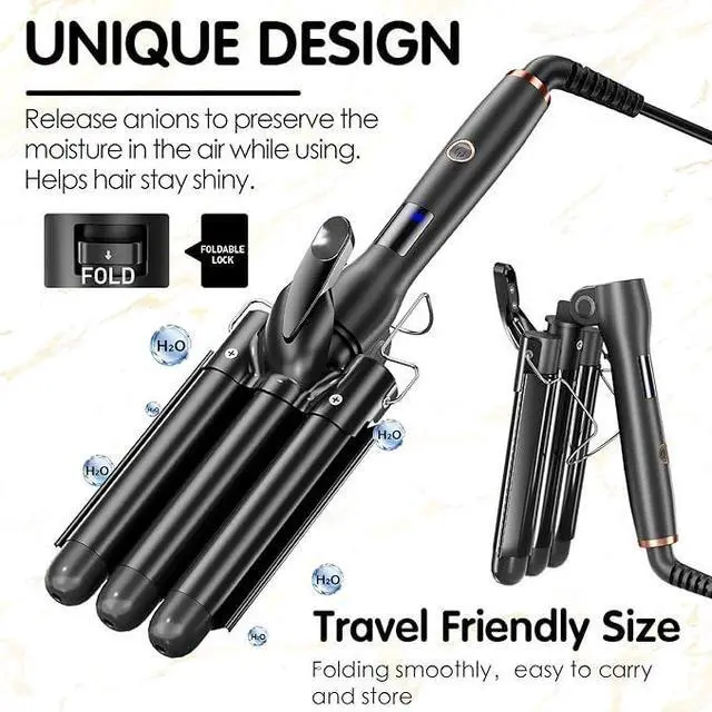 Main image of Hair Crimper 1 Inch, 3 Barrel Beach Wave Curling Iron, Foldable 25mm 3 Barrel Hair Waver, Adjustable 4 Temperature Settings Heat Up Quickly Hair Curler Curling Wand with LCD Temperature Display
