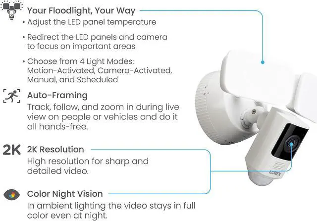 Alt view image 7 of 7 - Lorex 2K Wi-Fi Floodlight Camera with Adjustable LEDs, Smart Motion Detection, 2-Way Talk, Color Night Vision, White