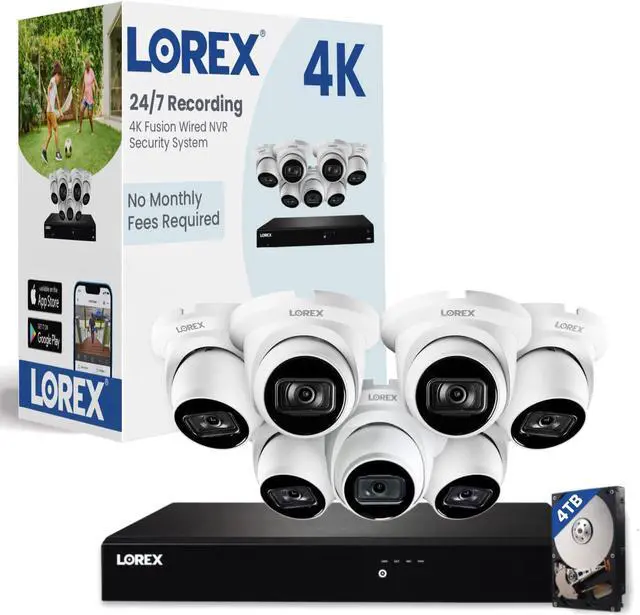 Main image of Lorex Fusion 4K PoE Outdoor/Indoor Smart Home Security Camera System, 4TB NVR, White  7 Dome IP Cameras, 16 Channel (Wired & Fusion WiFi) Surveillance, Color Night Vision, Smart Motion Detection