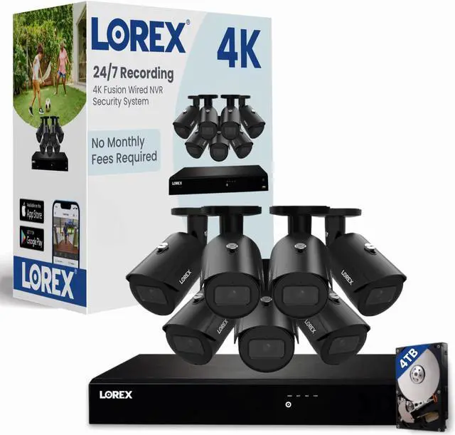 Main image of Lorex Fusion 4K PoE Outdoor/Indoor Smart Home Security Camera System, 4TB NVR, Black  7 Bullet IP Cameras, 16 Channel (Wired & Fusion WiFi) Surveillance, Color Night Vision, Smart Motion Detection