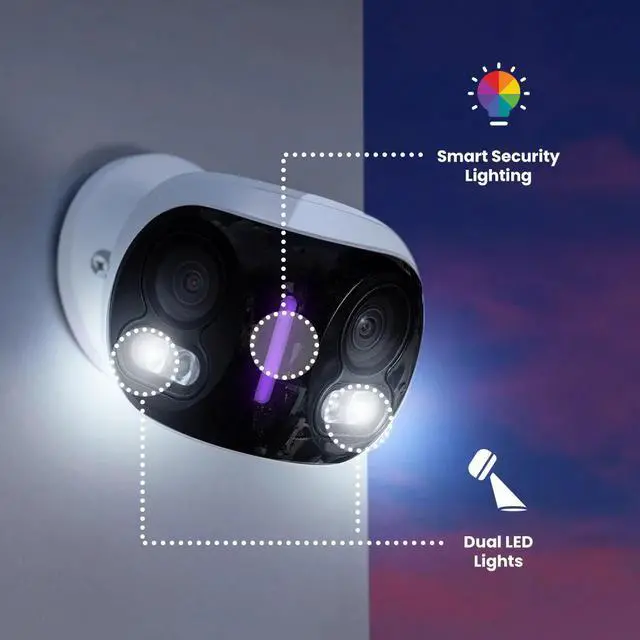 Alt view image 4 of 6 - Lorex 4K 8MP IP Wired Dual-Lens Add-On Outdoor Security Camera - Smart Security Lighting, Smart Motion Detection, 180° Panoramic View, Auto Framing, Color Night Vision, 2-Way Talk, REQUIRES RECORDER