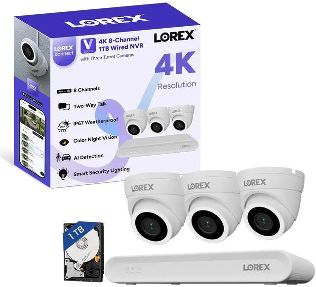 Main image of Lorex Connect (New App) | V-Series | 8Ch 4K NVR System | 3 White IP PoE Cameras