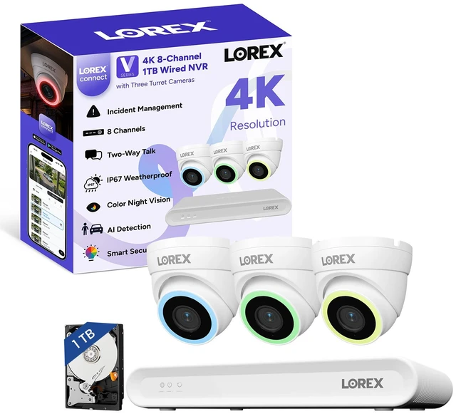 Main image of Lorex Connect (New App) | V-Series | 8Ch 4K NVR System | 3 V5 Dome PoE Cameras