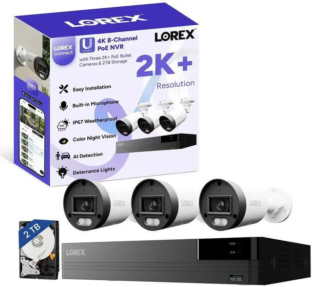 Main image of Lorex Connect (New App) | U-Series | 8Ch 4K NVR System | 3 Bullet Cameras | 2K+ PoE Cameras | No Cables | 2TB HDD | Listen-In Audio| Lights Deterrence| Color Night Vision | Smart AI Detections | IP67