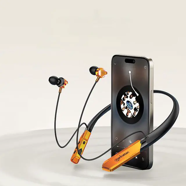 Alt view image 2 of 7 - MANHATTAN Bluetooth Wireless Neckband Headphones | Work Earbud Earphones with 15H Playtime, Noise-Isolating, IPX4 Water Resistant, Built-in Mic  for Work, Music, Calls  3 Yr Mfg Warranty -179829