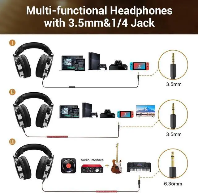 Alt view image 3 of 7 - OneOdio Wired Over Ear Headphones Studio Monitor & Mixing DJ Stereo Headsets with 50mm Neodymium Drivers and 1/4 to 3.5mm Jack for AMP Computer Recording Podcast Keyboard Guitar Laptop - Black
