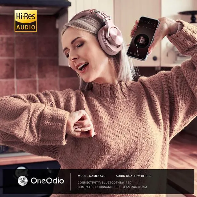 Alt view image 2 of 7 - OneOdio A70 Bluetooth Over Ear Headphones, Wireless Headphones w/ 72H Playtime, Hi-Res, 3.5mm/6.35mm Wired Audio Jack for Studio Monitor & Mixing DJ Guitar AMP, Computer Laptop PC Tablet - Rose Gold