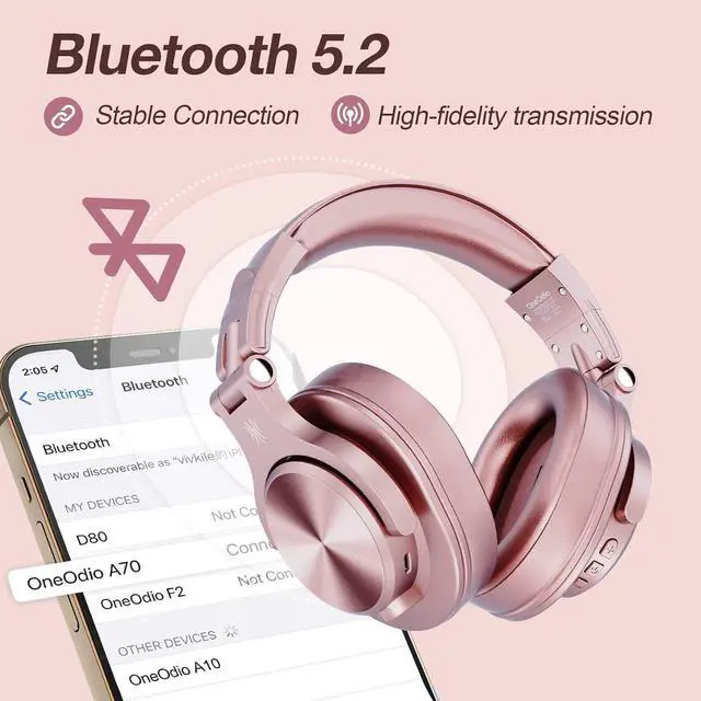 Alt view image 4 of 7 - OneOdio A70 Bluetooth Over Ear Headphones, Wireless Headphones w/ 72H Playtime, Hi-Res, 3.5mm/6.35mm Wired Audio Jack for Studio Monitor & Mixing DJ Guitar AMP, Computer Laptop PC Tablet - Rose Gold