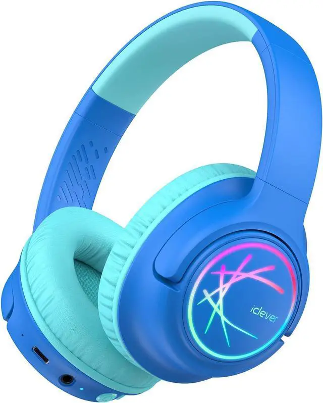 Main image of iClever Kids Bluetooth Headphones with LED Lights, 43H Playtime, Type-C Fast Charging, BTH18 Safe Volume 74/85/94dBA, Bluetooth5.3 Kids Headphones Wireless Aux Cord for iPad/Tablet/Travel/School, Blue
