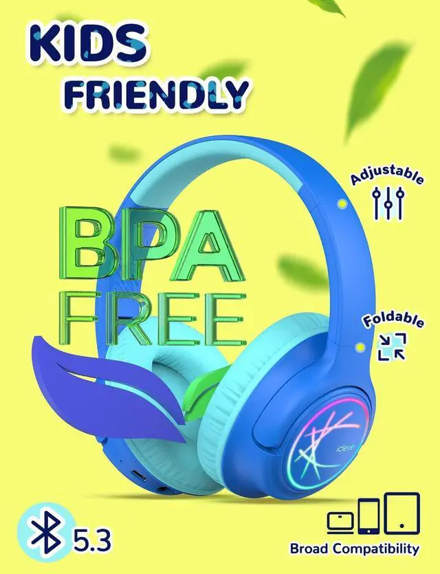 Alt view image 6 of 7 - iClever Kids Bluetooth Headphones with LED Lights, 43H Playtime, Type-C Fast Charging, BTH18 Safe Volume 74/85/94dBA, Bluetooth5.3 Kids Headphones Wireless Aux Cord for iPad/Tablet/Travel/School, Blue