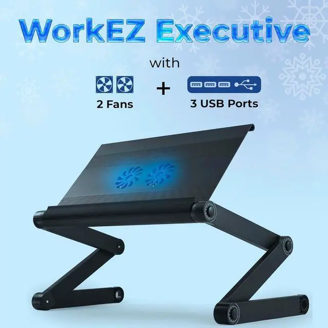 Alt view image 2 of 7 - WorkEZ Executive Adjustable Laptop Stand for Desk w/2 Fans & 3 USB Ports, Ergonomic Foldable Laptop Holder Portable Computer Stand Laptop Riser, Black