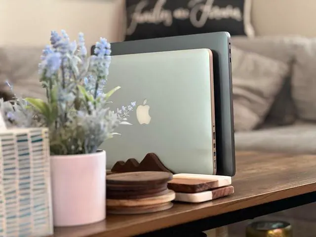 Alt view image 6 of 6 - Dual Vertical Laptop Holder for Desk and Side Table, Space Saver, Adjustable Slot Vertical Laptop Holder - Minimal, Upright and Walnut Wood for MacBooks, iPads, Tablets, and Phones!