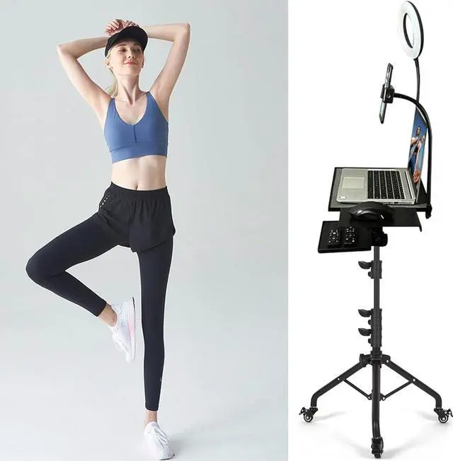 Alt view image 3 of 7 - Projector Tripod Stand with Wheels Laptop Tripod Stand Projector Tripod Laptop Stand Floor Stand Live Stream stand Treadmill Stand Music Stand with 6" LED Ring Light for Online Meeting Recording