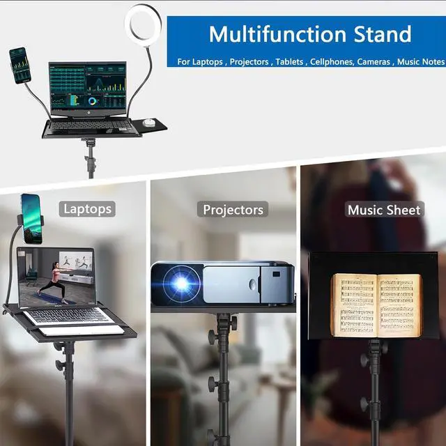 Alt view image 6 of 7 - Projector Tripod Stand with Wheels Laptop Tripod Stand Projector Tripod Laptop Stand Floor Stand Live Stream stand Treadmill Stand Music Stand with 6" LED Ring Light for Online Meeting Recording