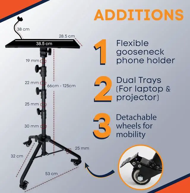 Alt view image 2 of 7 - Laptop & Projector Tripod Stand Adjustable Height 26 to 51 Wheely Portable Laptop Stand With Gooseneck Phone Holder - For Movie, Meeting, Book, DJ Equiqment