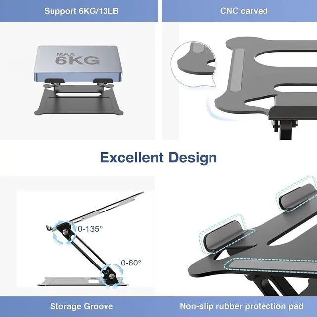 Alt view image 3 of 6 - Adjustable Laptop Stand,Portable Laptop Computer Stand Riser&Multi-Angle Stand with Heat-Vent to Elevate Laptop Holder for Mac,Notebook,Lenovo KT1-black