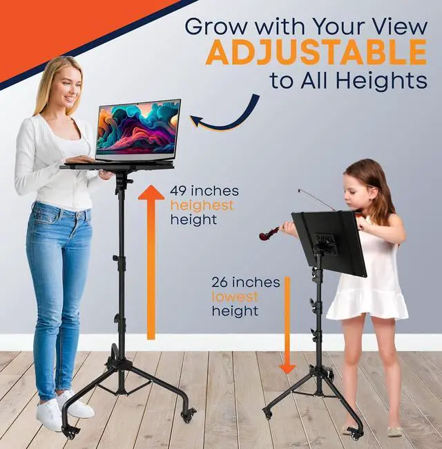 Alt view image 6 of 7 - Laptop & Projector Tripod Stand Adjustable Height 26 to 51 Wheely Portable Laptop Stand With Gooseneck Phone Holder - For Movie, Meeting, Book, DJ Equiqment