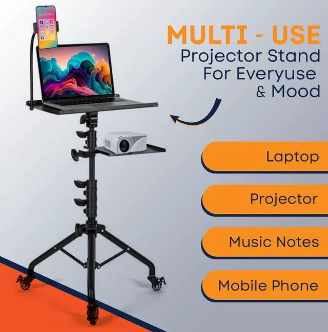 Alt view image 7 of 7 - Laptop & Projector Tripod Stand Adjustable Height 26 to 51 Wheely Portable Laptop Stand With Gooseneck Phone Holder - For Movie, Meeting, Book, DJ Equiqment