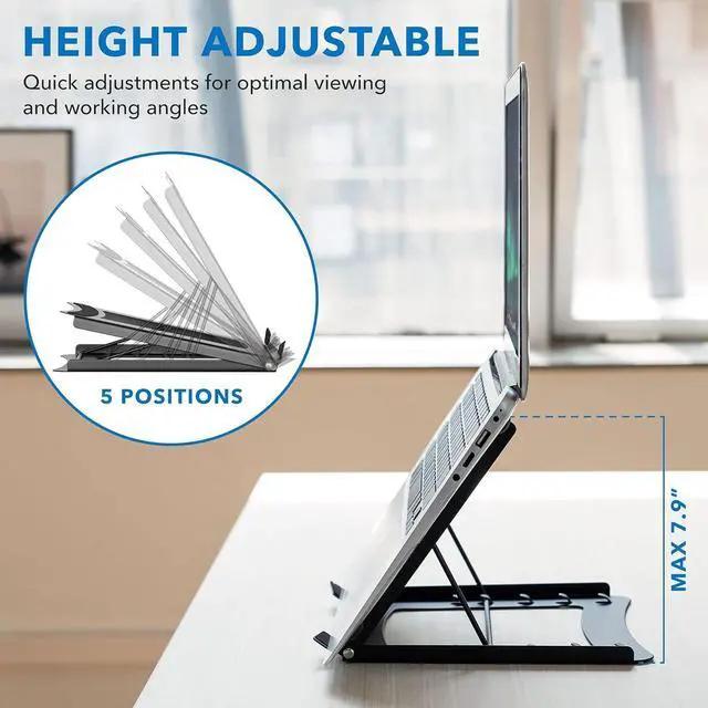 Alt view image 2 of 7 - Laptop Stand for Desk Adjustable Height - Black Solid Steel Laptop Riser | 5 Adjustable Heights | Properly Positions Head, Neck, Back and Wrists to Reduce Aches while Working | No Assembly Required
