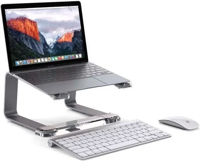 Alt view image 4 of 5 - Elevator Laptop Stand - Ergonomic Computer Riser & Laptop Mount Made of Sturdy Brushed Aluminum - Supports Posture & Elevates Workspace with a Minimal Design Space Grey Clear (2.5 Oz)