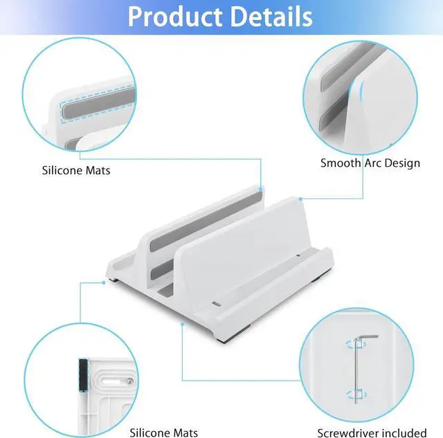 Alt view image 2 of 7 - Vertical Laptop Stand Holder, ABS Organizer with Adjustable Dock, All in 1 Design Space-Saving, Sturdy Laptop Computer Holder for PC up to 17.3 inches, MacBook, Mini PC, Pad, Phone (White, 1 Slot)