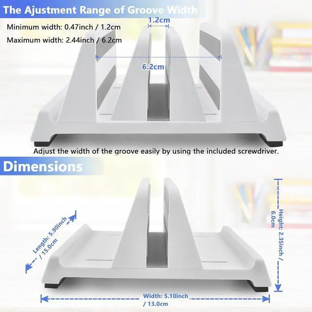Alt view image 4 of 7 - Vertical Laptop Stand Holder, ABS Organizer with Adjustable Dock, All in 1 Design Space-Saving, Sturdy Laptop Computer Holder for PC up to 17.3 inches, MacBook, Mini PC, Pad, Phone (White, 1 Slot)