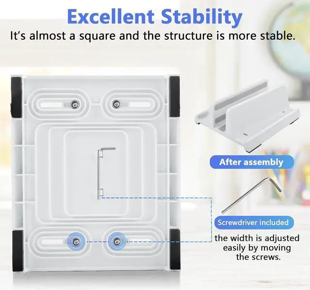 Alt view image 6 of 7 - Vertical Laptop Stand Holder, ABS Organizer with Adjustable Dock, All in 1 Design Space-Saving, Sturdy Laptop Computer Holder for PC up to 17.3 inches, MacBook, Mini PC, Pad, Phone (White, 1 Slot)