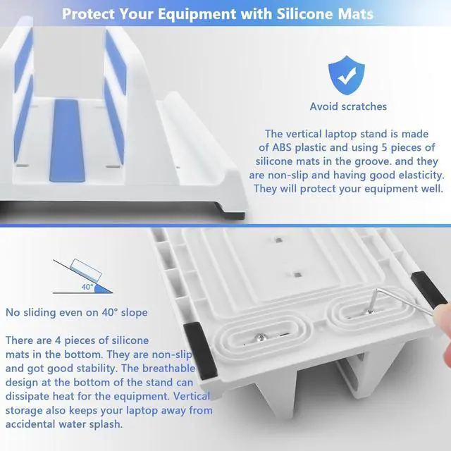 Alt view image 5 of 7 - Vertical Laptop Stand Holder, ABS Organizer with Adjustable Dock, All in 1 Design Space-Saving, Sturdy Laptop Computer Holder for PC up to 17.3 inches, MacBook, Mini PC, Pad, Phone (White, 1 Slot)