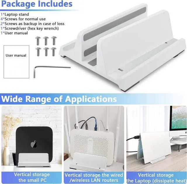 Alt view image 7 of 7 - Vertical Laptop Stand Holder, ABS Organizer with Adjustable Dock, All in 1 Design Space-Saving, Sturdy Laptop Computer Holder for PC up to 17.3 inches, MacBook, Mini PC, Pad, Phone (White, 1 Slot)