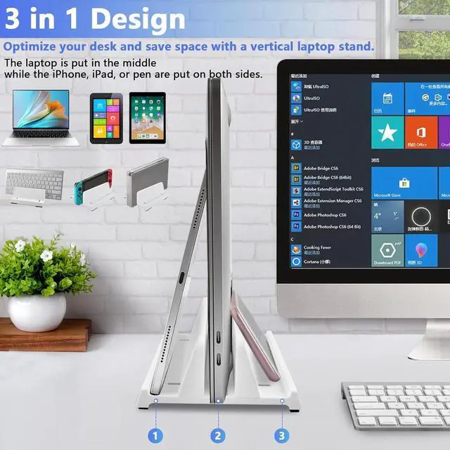 Alt view image 3 of 7 - Vertical Laptop Stand Holder, ABS Organizer with Adjustable Dock, All in 1 Design Space-Saving, Sturdy Laptop Computer Holder for PC up to 17.3 inches, MacBook, Mini PC, Pad, Phone (White, 1 Slot)