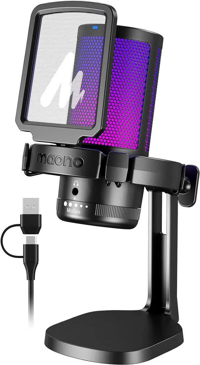 Main image of MAONO USB Gaming Microphone for PC, Noise Cancellation Condenser Mic with RGB Lights, Mute, Gain for Streaming, Recording, Podcast, Chat, Twitch, YouTube, Discord, Computer, PS5, PS4, GamerWave