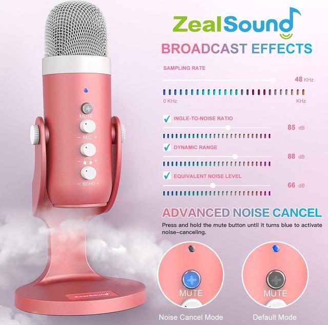 Alt view image 4 of 7 - ZealSound Gaming USB Pink Microphone with Quick Mute for Phone Computer PC PS5,Studio Mic with Gain Control,Echo&Monitor Volume Adjust for Streaming Vocal Recording ASMR Podcast Video K66