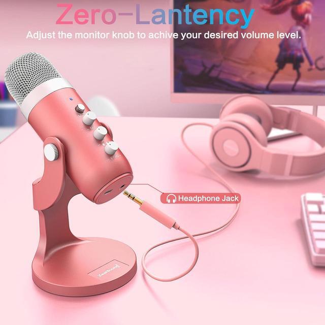 Alt view image 6 of 7 - ZealSound Gaming USB Pink Microphone with Quick Mute for Phone Computer PC PS5,Studio Mic with Gain Control,Echo&Monitor Volume Adjust for Streaming Vocal Recording ASMR Podcast Video K66